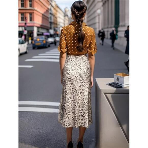 Womens Leopard Print Skirt Midi Long Length Silk Satin High Waist Elastic Skirts - Picture 4 of 5